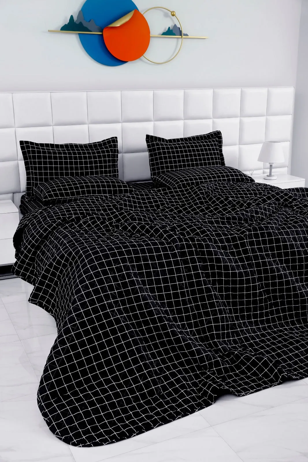 6 PCs Bed Spread Set-Black Check