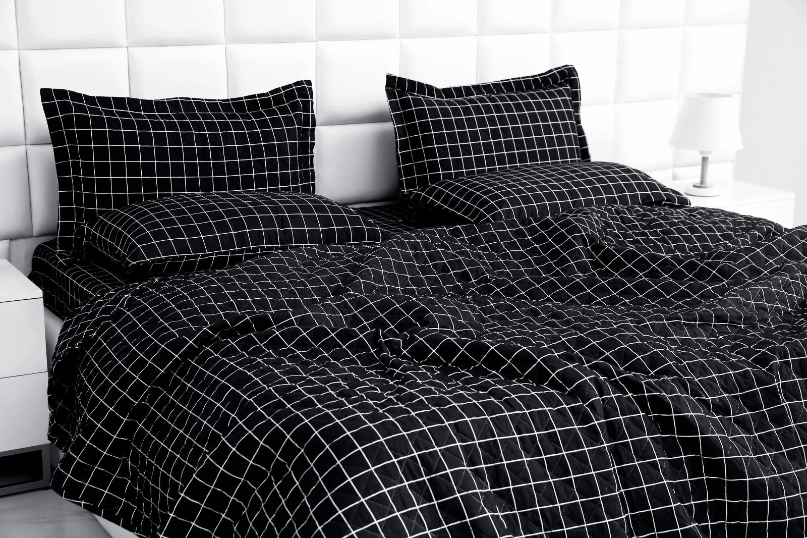 6 PCs Bed Spread Set-Black Check