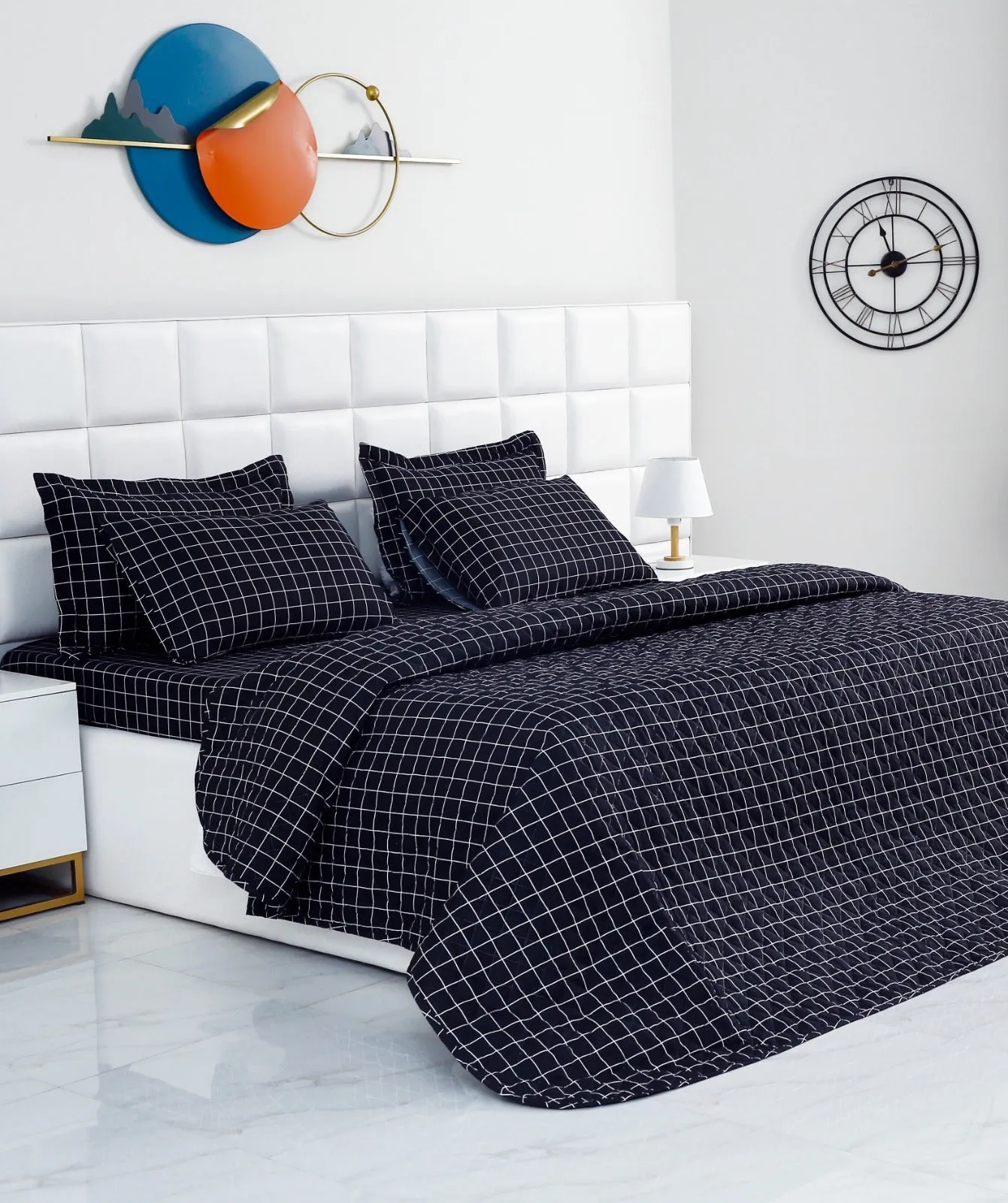 6 PCs Bed Spread Set-Black Check