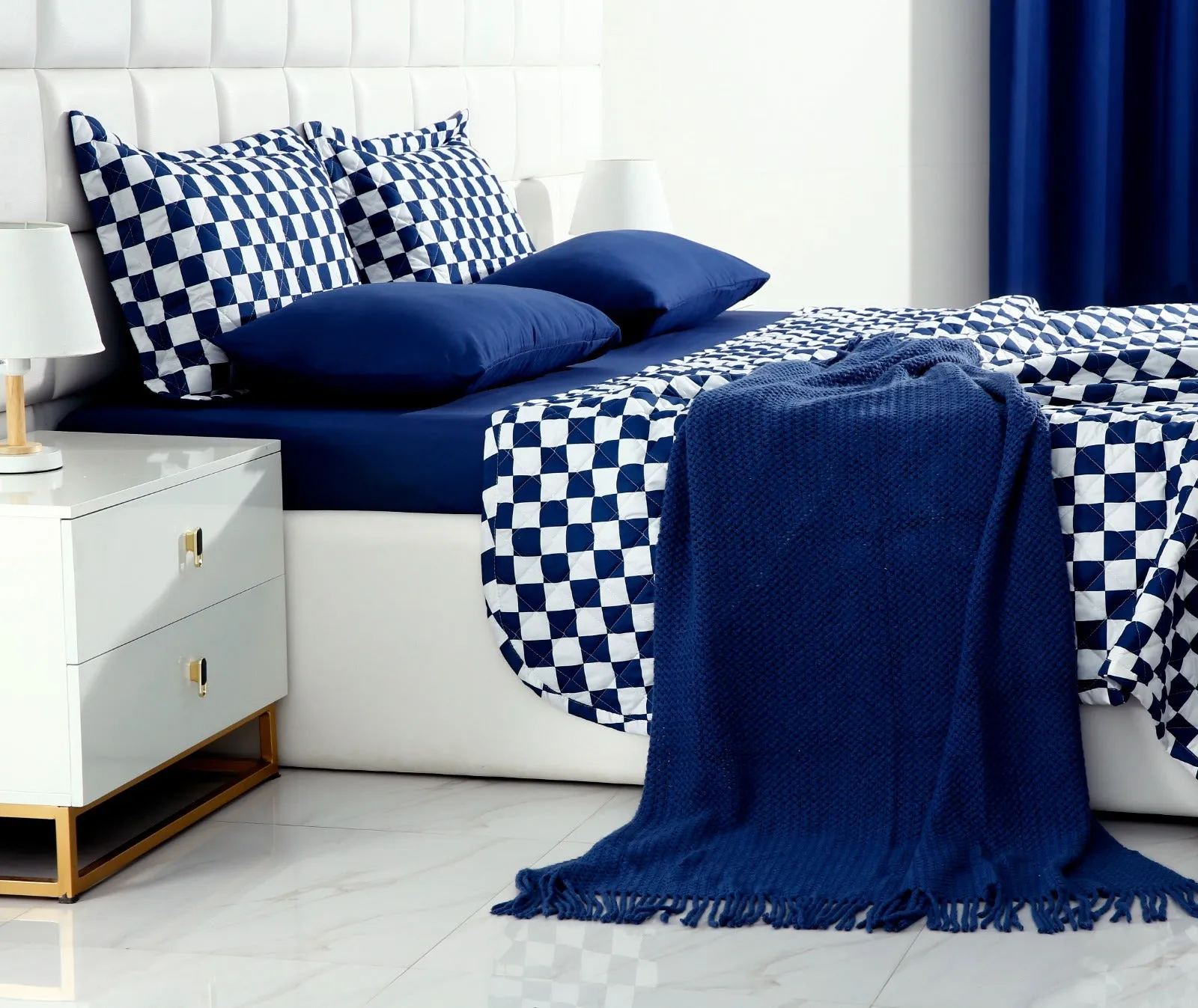 6 PCs Printed Bed Spread Set-Blue Chess