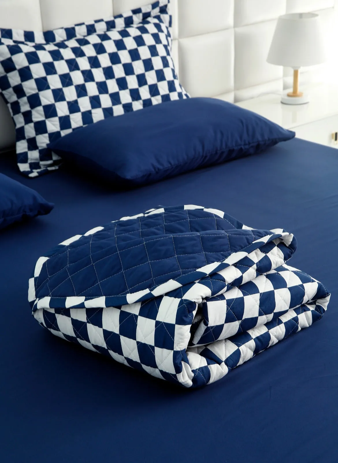 6 PCs Printed Bed Spread Set-Blue Chess