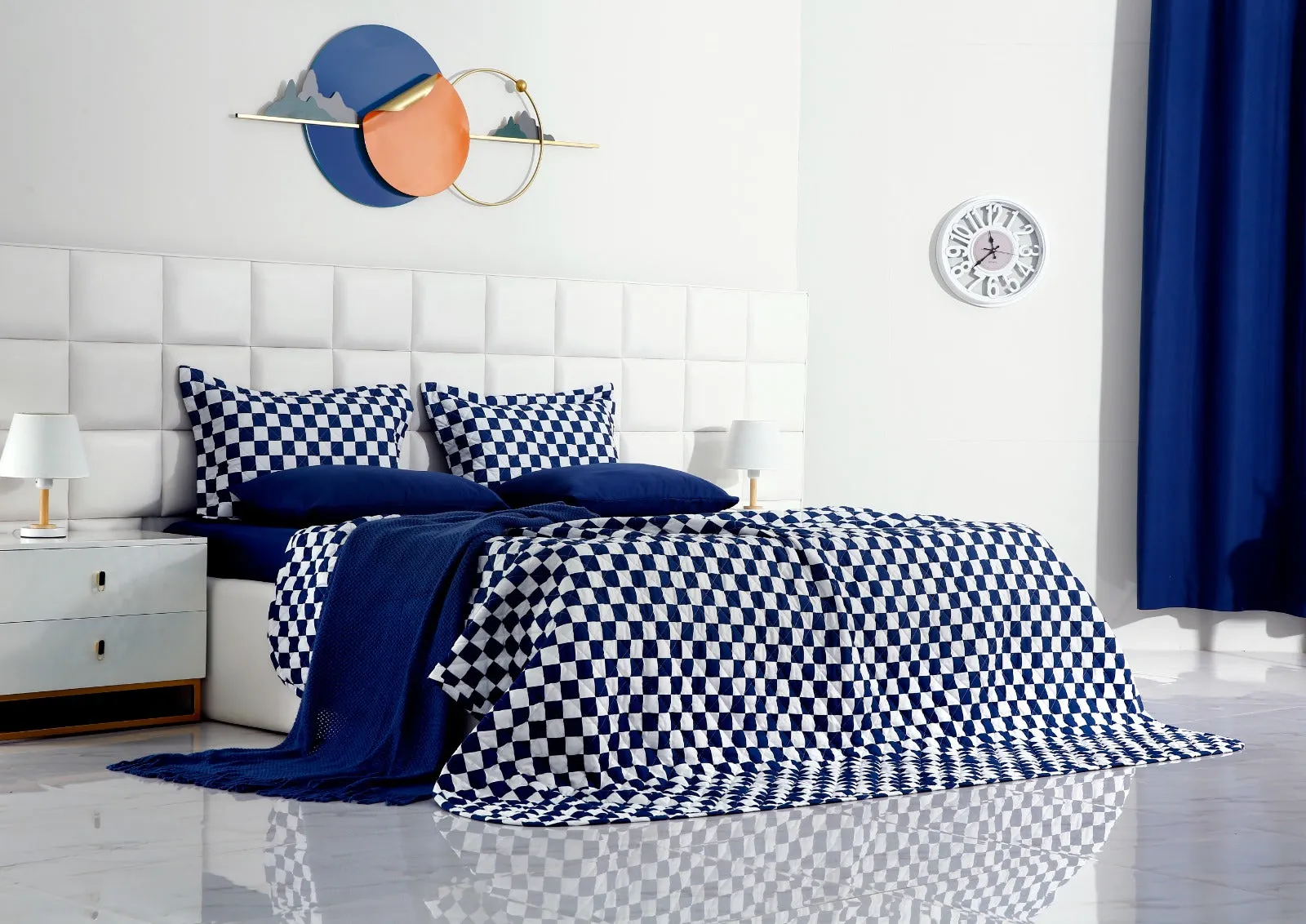 6 PCs Printed Bed Spread Set-Blue Chess