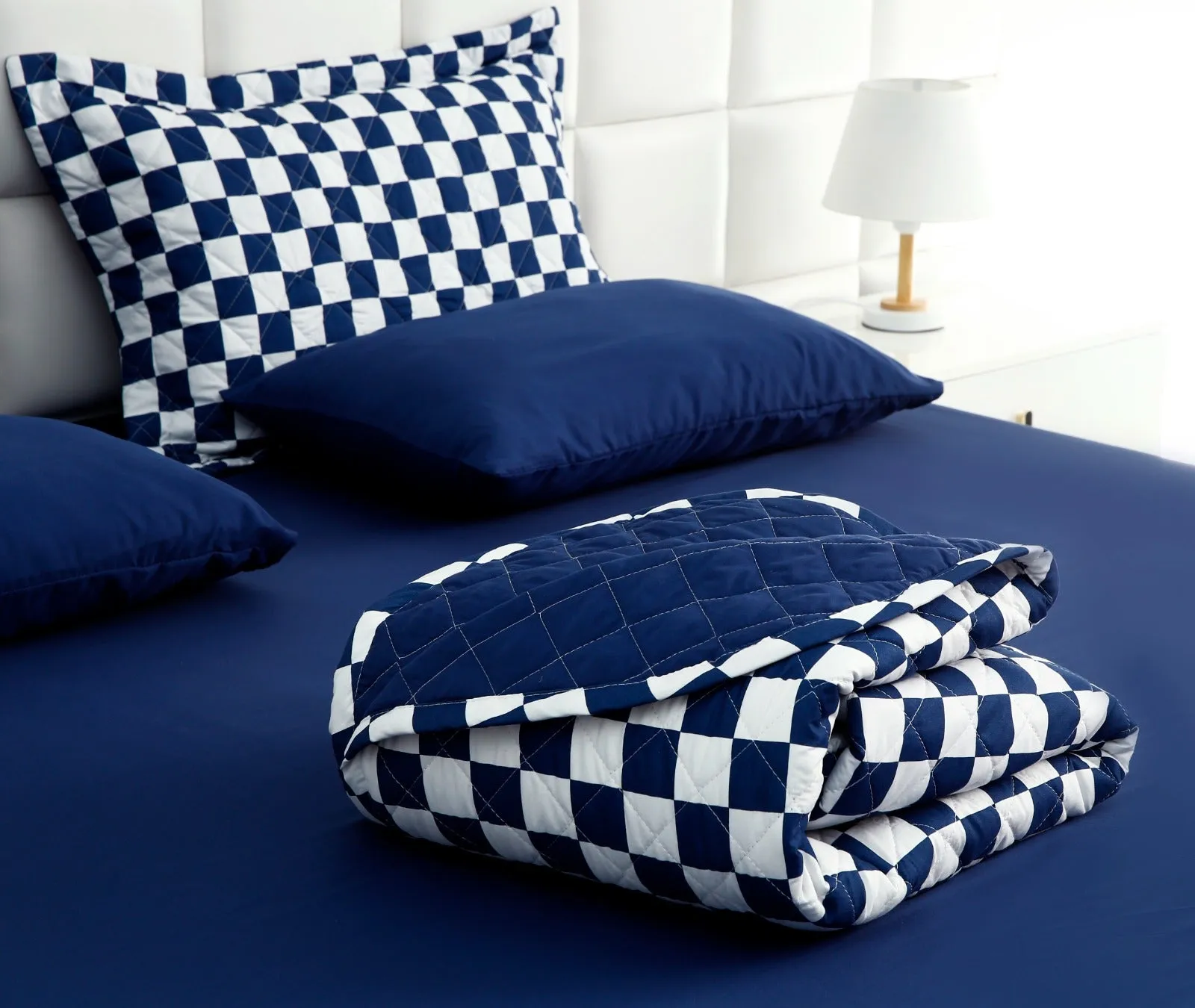 6 PCs Printed Bed Spread Set-Blue Chess