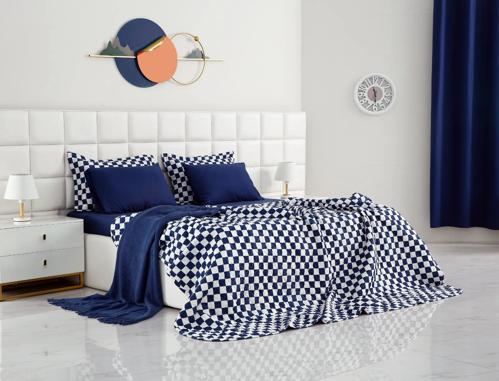 6 PCs Printed Bed Spread Set-Blue Chess