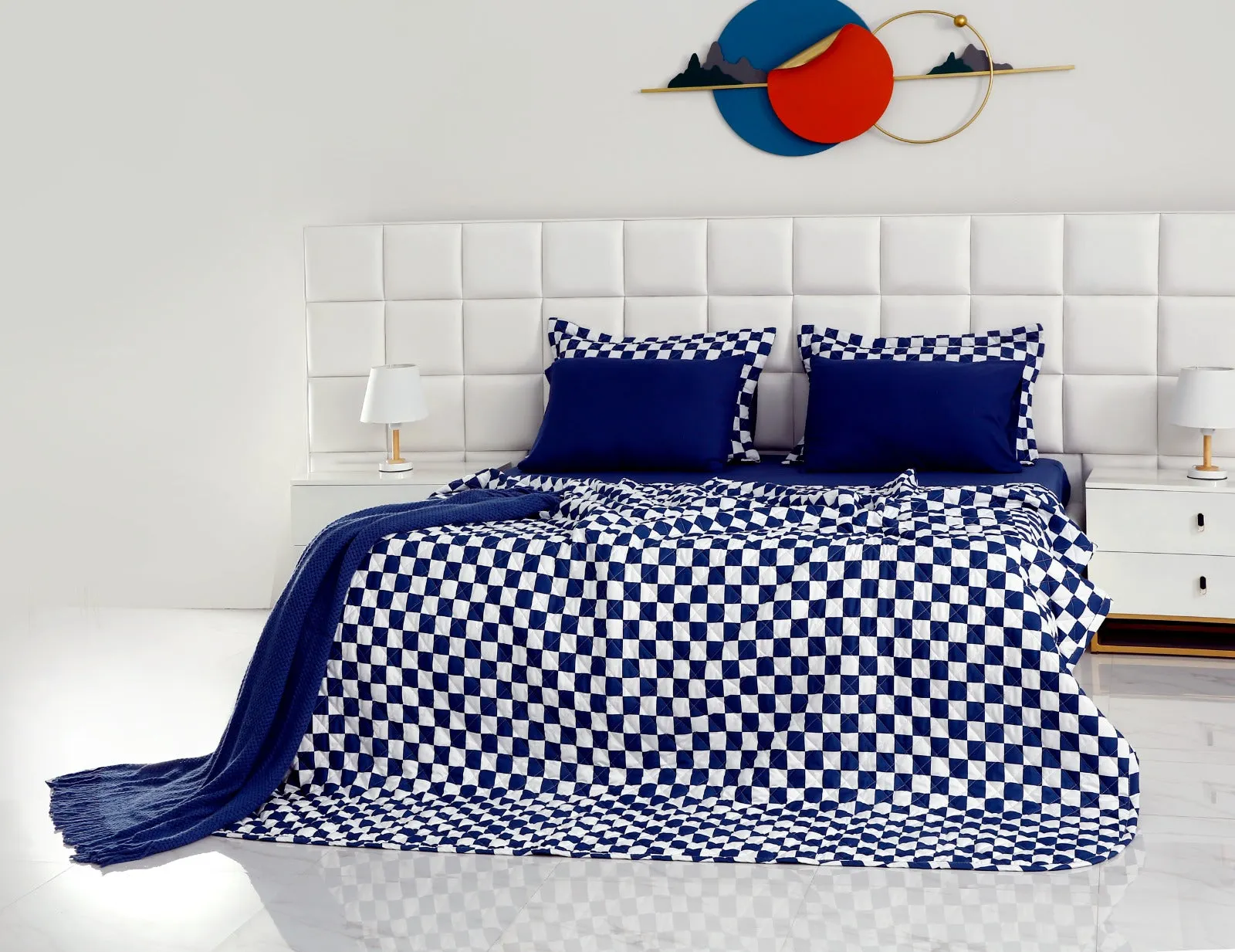 6 PCs Printed Bed Spread Set-Blue Chess