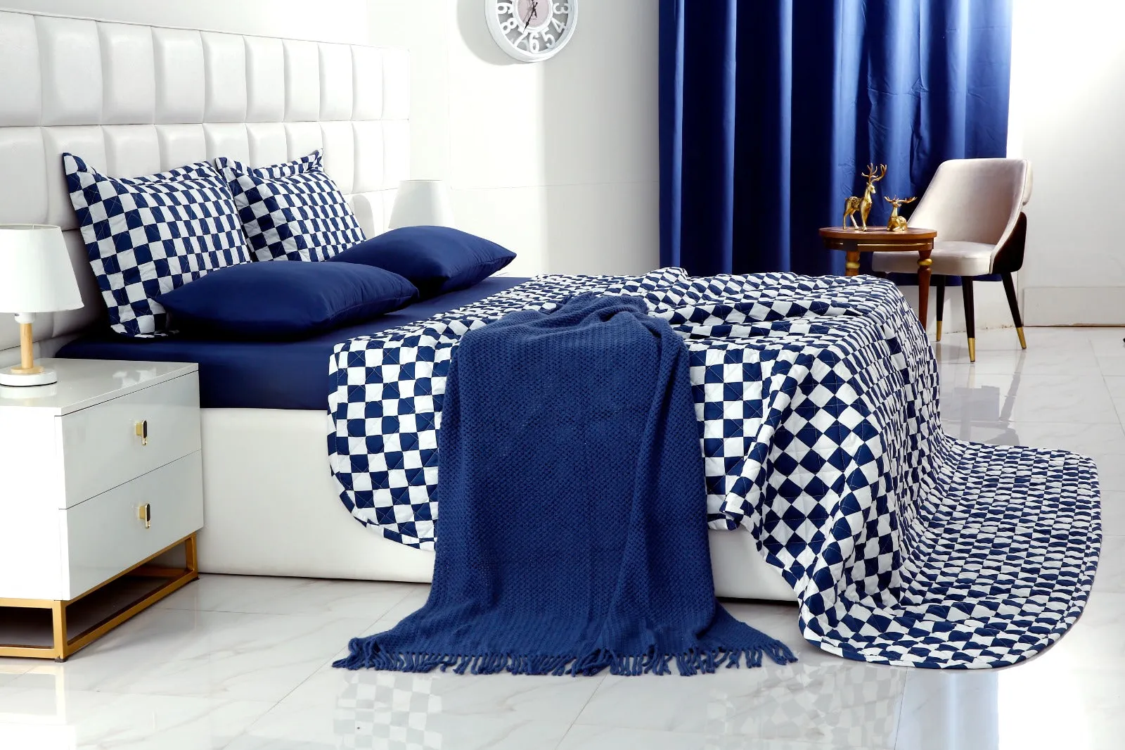 6 PCs Printed Bed Spread Set-Blue Chess