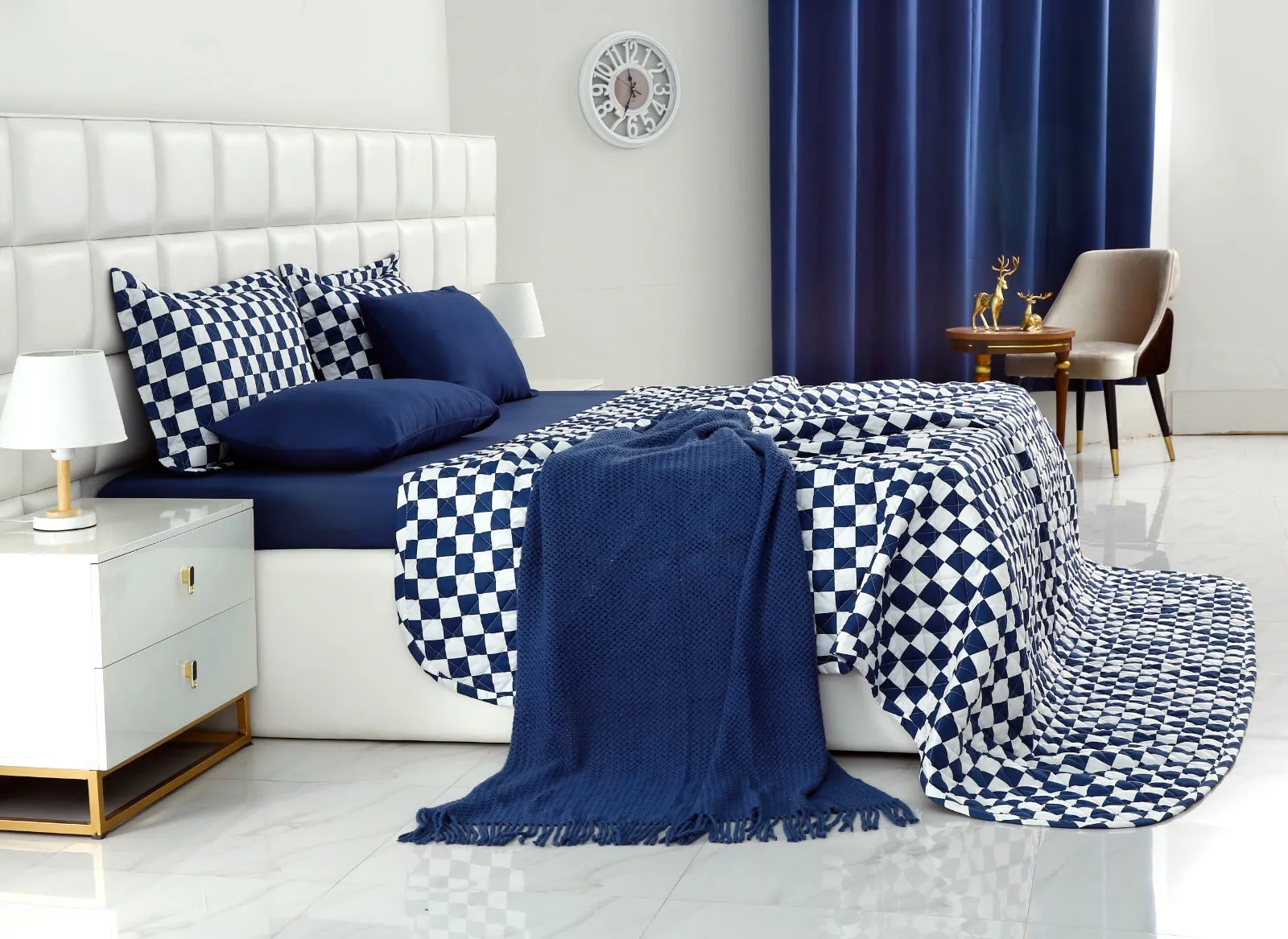 6 PCs Printed Bed Spread Set-Blue Chess