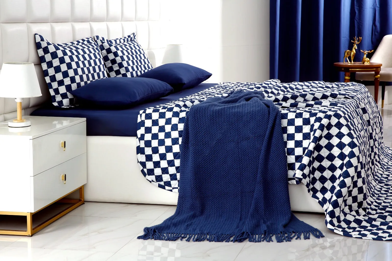 6 PCs Printed Bed Spread Set-Blue Chess