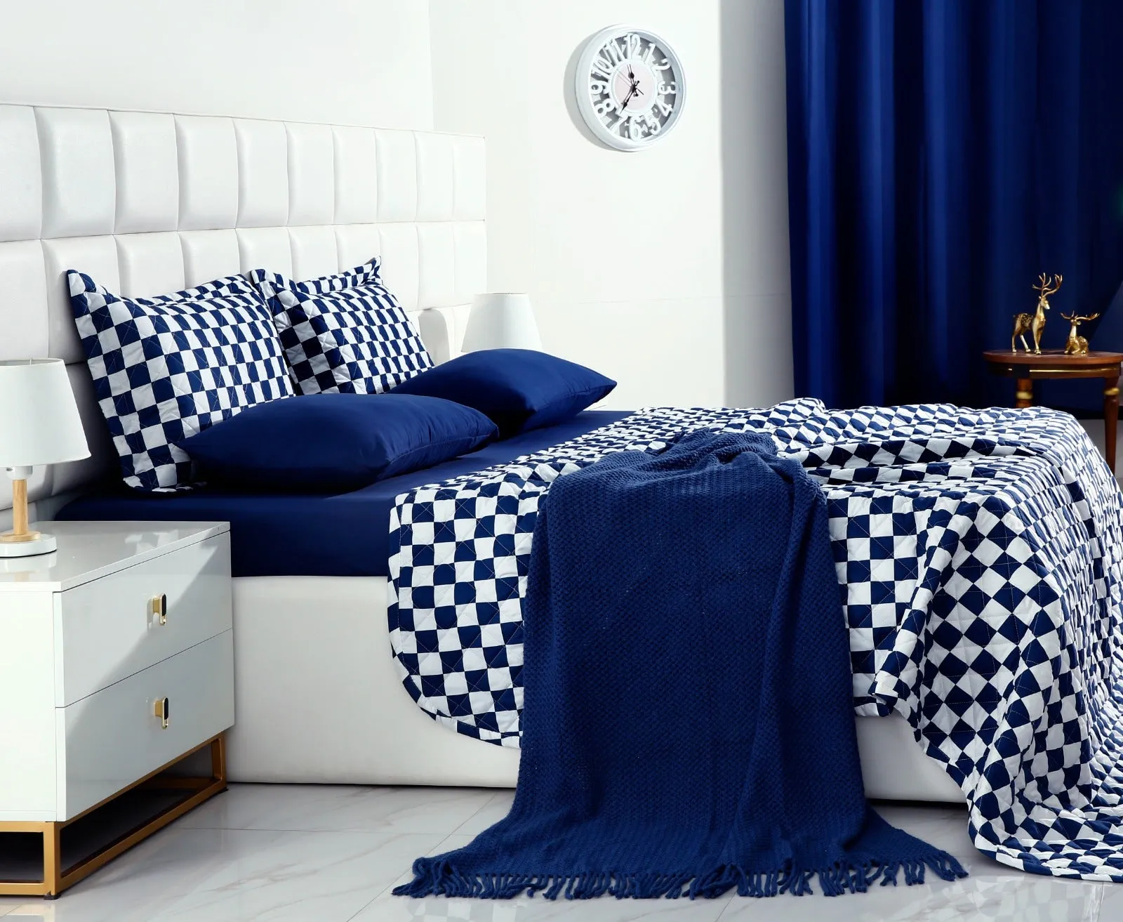 6 PCs Printed Bed Spread Set-Blue Chess