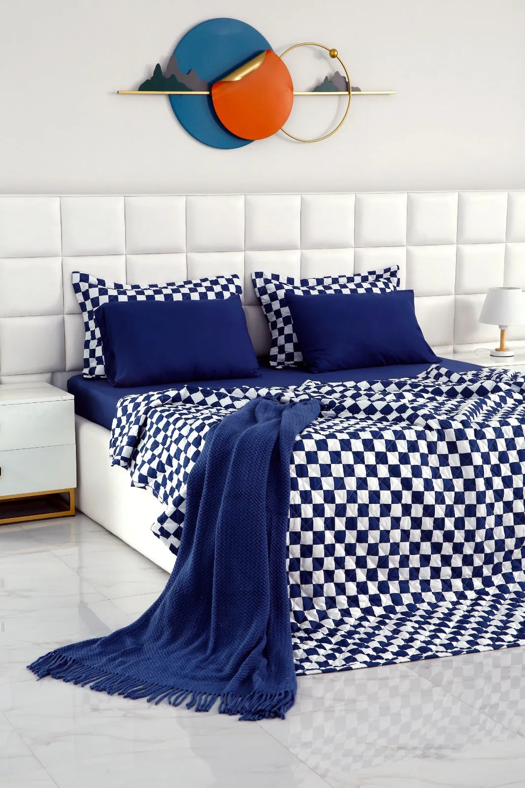 6 PCs Printed Bed Spread Set-Blue Chess