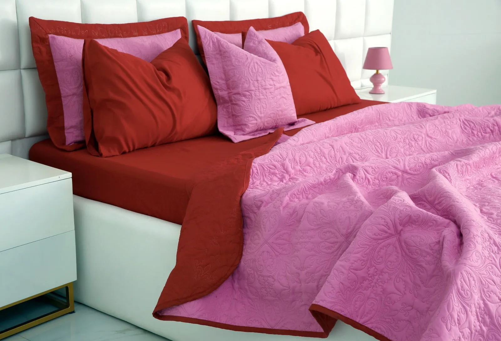 7 PCs Ultrasonic Bed Spread Set-Red over Lilac