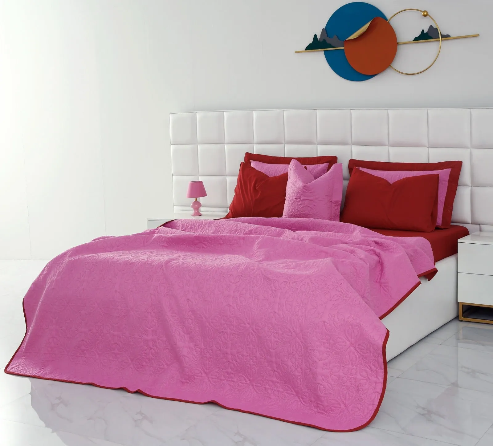 7 PCs Ultrasonic Bed Spread Set-Red over Lilac