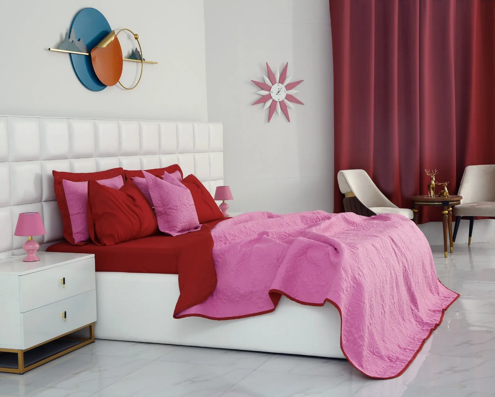 7 PCs Ultrasonic Bed Spread Set-Red over Lilac