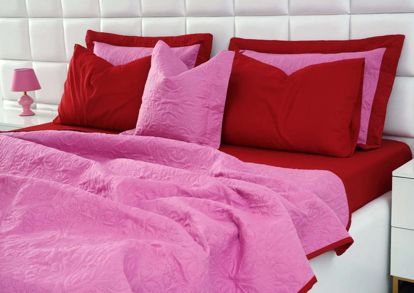 7 PCs Ultrasonic Bed Spread Set-Red over Lilac