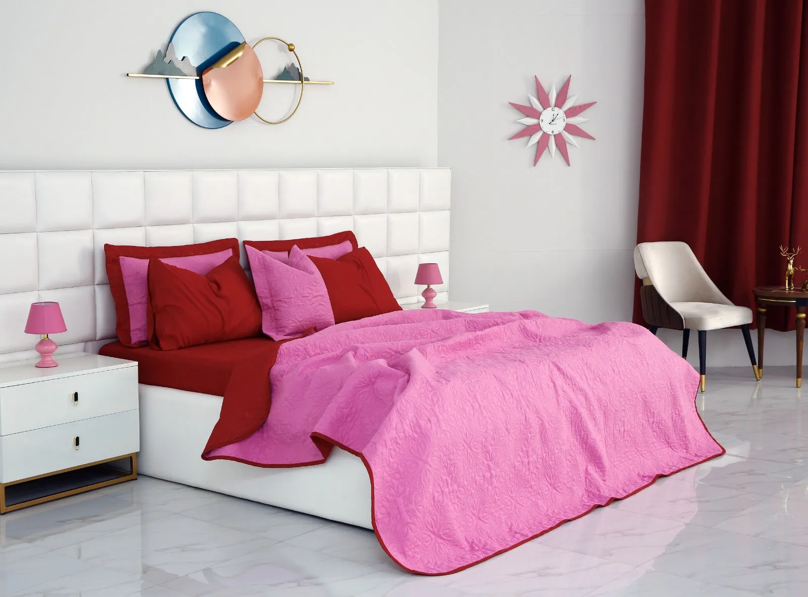 7 PCs Ultrasonic Bed Spread Set-Red over Lilac