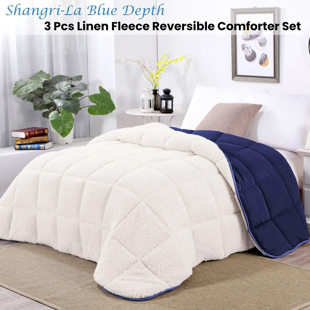 Blue Depth Sherpa Fleece Reversible 3 Pcs Comforter Set Double