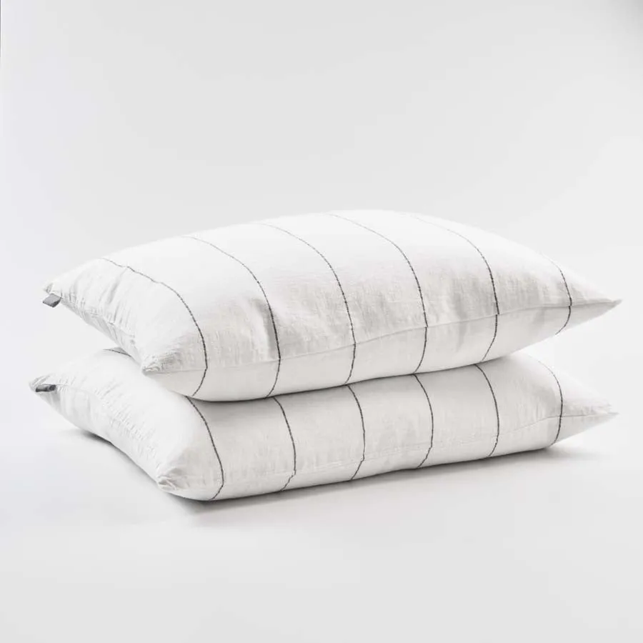 Carter French Linen Pillowcase Set - Off White w' Charcoal Fine Stripe