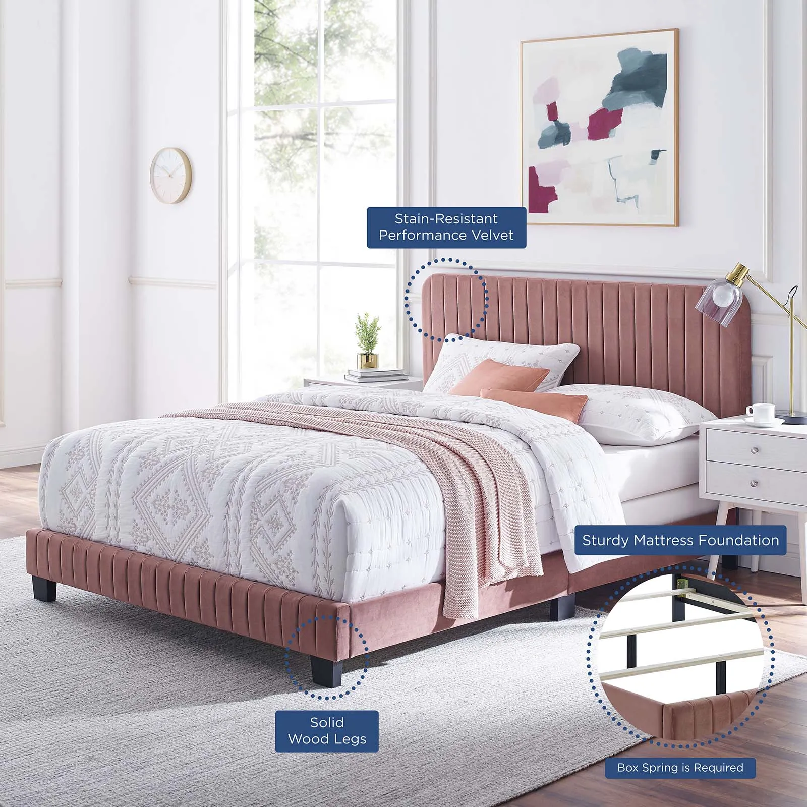 Celine Channel Tufted Performance Velvet King Bed Dusty Rose MOD-6329-DUS