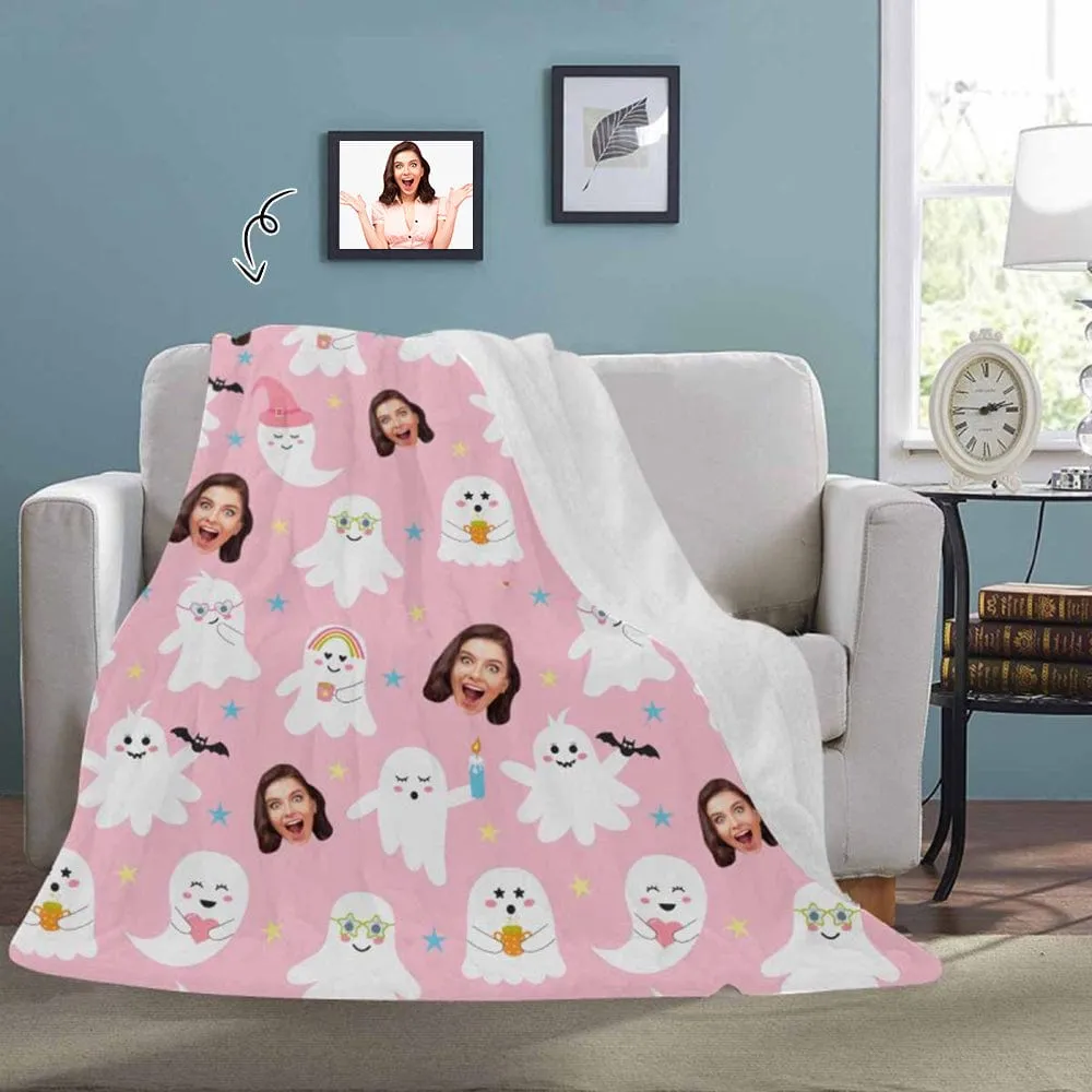 Custom Face Pink Ghost Blanket Ultra-Soft Personalized Micro Fleece Blanket Halloween Decorations Pinkoween