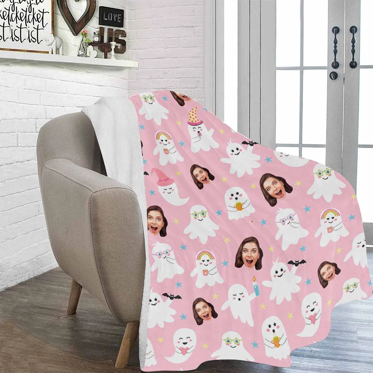 Custom Face Pink Ghost Blanket Ultra-Soft Personalized Micro Fleece Blanket Halloween Decorations Pinkoween