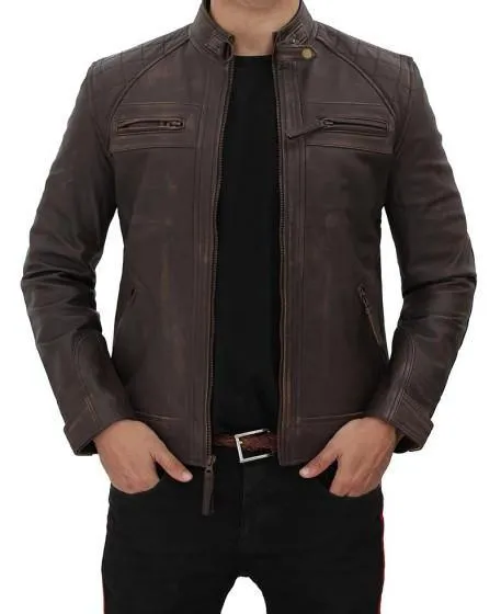 Distressed Dark Brown Quilted Leather Biker Jacket for Men