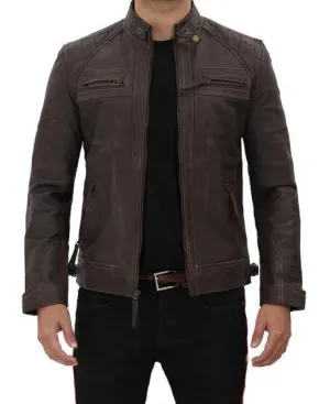 Distressed Dark Brown Quilted Leather Biker Jacket for Men