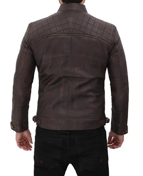 Distressed Dark Brown Quilted Leather Biker Jacket for Men