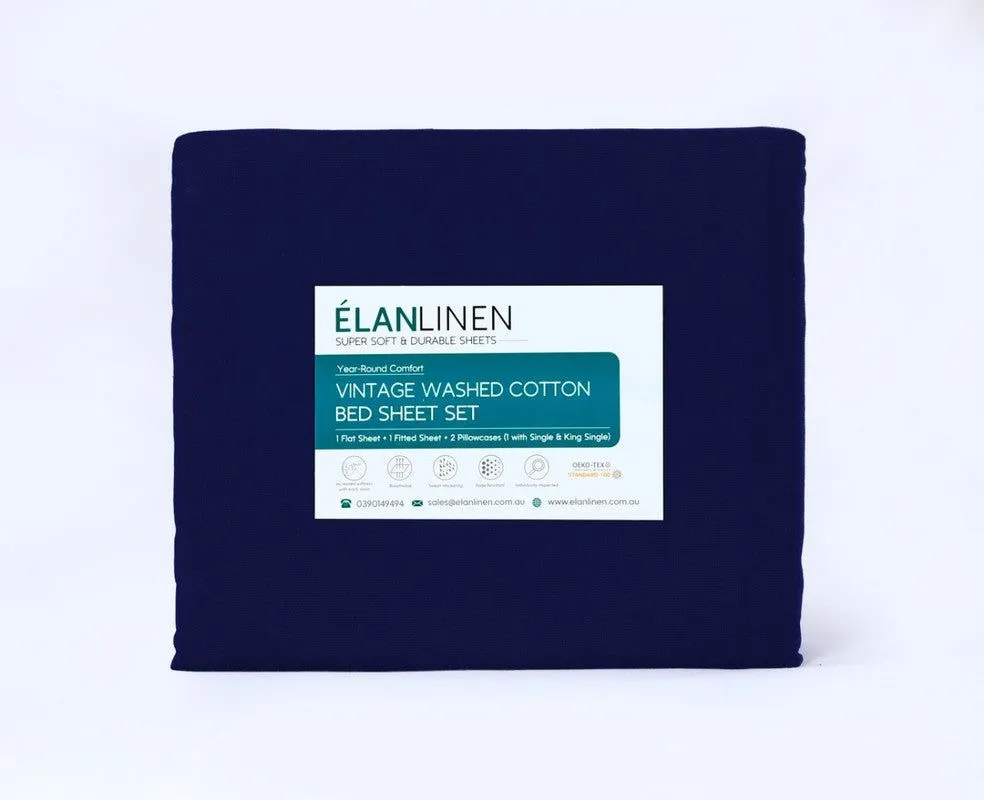 Elan Linen 100% Egyptian Cotton Vintage Washed 500TC Navy Blue King Single Bed Sheets Set