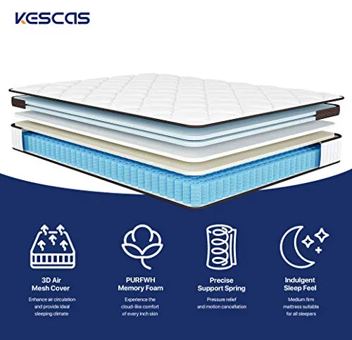 Kescas 12 Inch Memory Foam Hybrid Queen Mattress in a Box, Motion Isolation Pocket Spring Queen Bed, Sleep Cooler with Pressure Relief