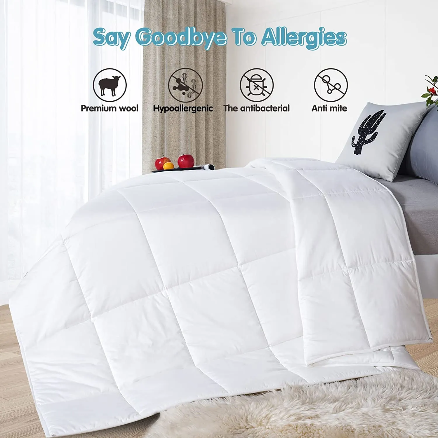 Natural Wool Comforter 100% Natural Australian Wool Duvet, Washable Noiseless Cotton Cover