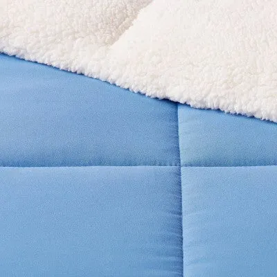 New - Room Essentials Knitted Reversible Comforter Solid Brushing, Blue, Full/Queen