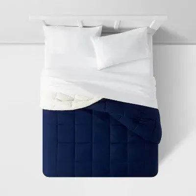 New - Room Essentials Sherpa Comforter Reversible Washed Quilted, Navy, Full/Queen