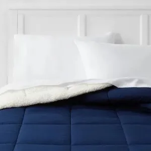 New - Room Essentials Sherpa Comforter Reversible Washed Quilted, Navy, Full/Queen