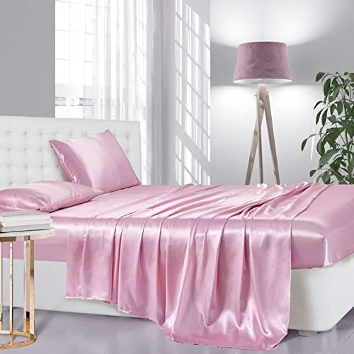 Satin Silk Sheets 4-Piece Bed Sheet Set Deep Pockets Cooling Soft Hypoallergenic