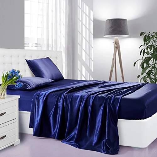 Satin Silk Sheets 4-Piece Bed Sheet Set Deep Pockets Cooling Soft Hypoallergenic